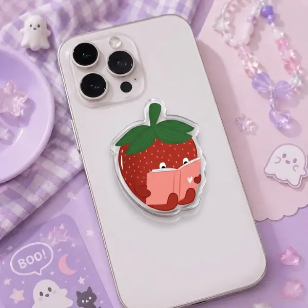 Kawaii Strawberry Reader Phone Grip, Cute Aesthetic Bookish Phone Socket, Fruit Shape Bookworm PopSocket, Trendy Gift Idea for Book Lovers