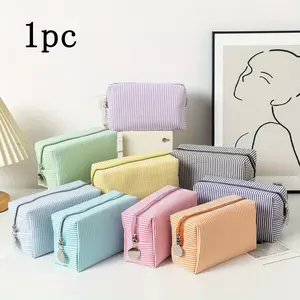 Striped Makeup Bag, Large Capacity Beauty Organizer, Zippered Portable Travel Vanity Case, Cute Aesthetic Women's Cosmetic Storage, Multiple Colors Available