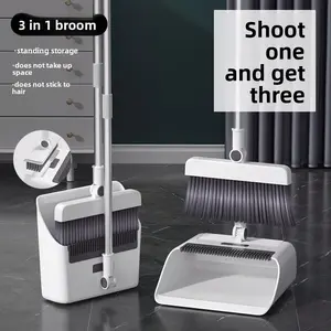 Apartment Essential: 3-in-1 Rotating Broom & Dustpan for Hardwood & Tile Floors | Soft Bristles, Stand-Up Storage & Long Handle, Space Saving Cleaning Kit for Small Spaces (Gray)