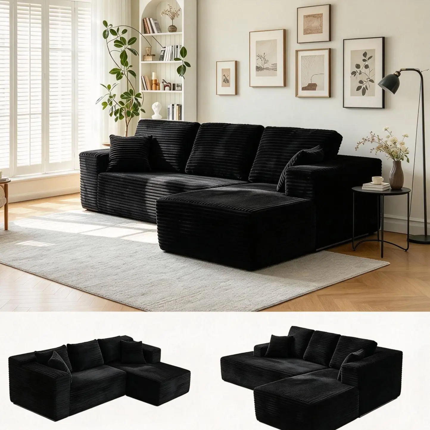 Soft Huge L-Shaped Corduroy Boneless Cloud Compression Sectional Sofa with Chaise - Sturdy No-Assembly Couch in a Box, Sleeper Bed, Modular Deep Seating High-Density Foam Upholstered Small Living Room Sofa