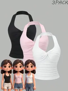 3-Piece Girls' Neck Hanging Twisted Vest Girls' Fashion Three-Piece Set of Casual and Comfortable Tank Tops, Slim Fit Pleated Short Top, Inner And Outer Bottom Layer, Skin Friendly Fabric