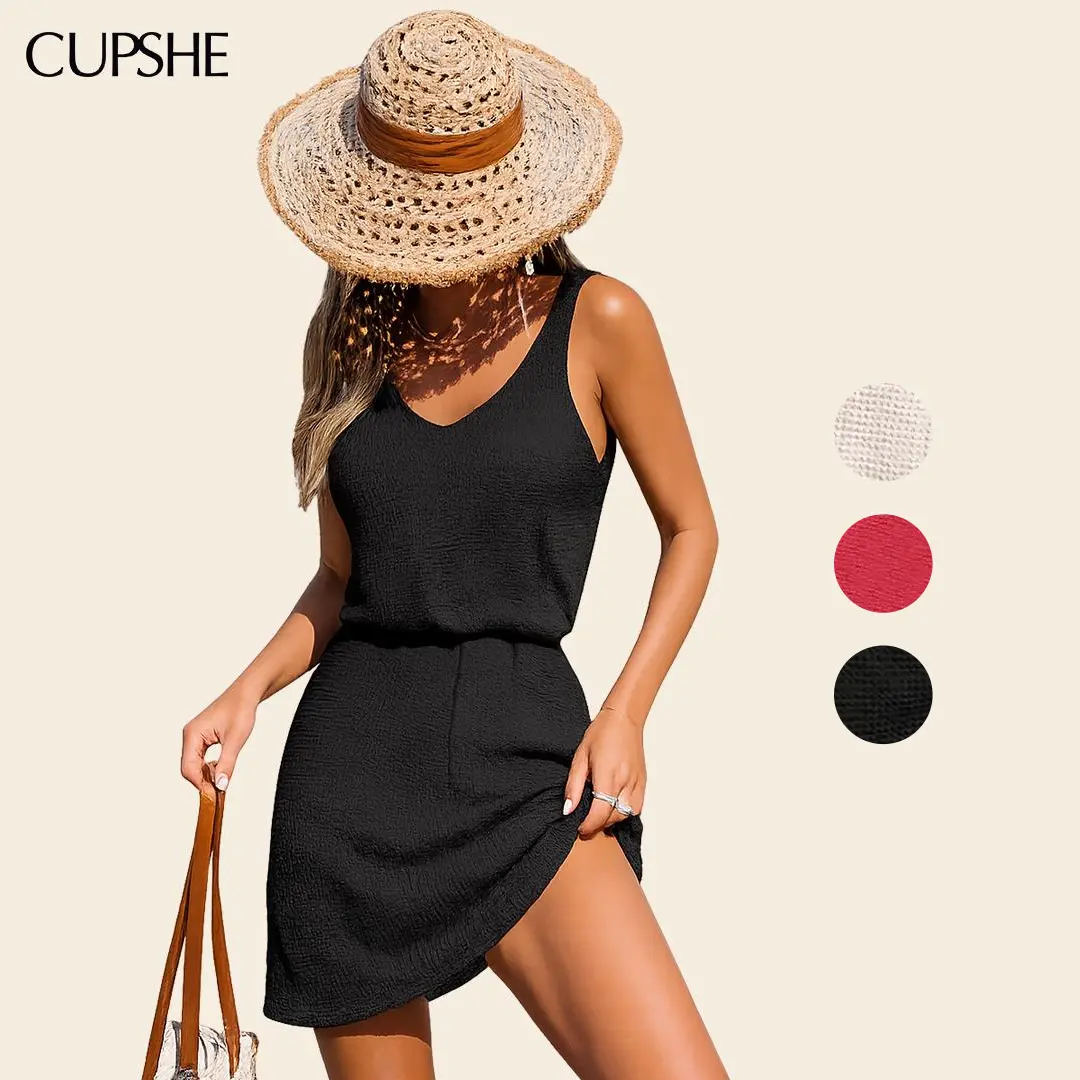 CUPSHE Women's Chasing Horizons Sleeveless V-Neck Spandex Mix Synthetics Open Knit Beach Cover-Up Mini Dress - Elastic Waist, Female Wear, 4-Way Stretch, Casual Layer Over Swimwear, Beach Cover Ups, Designed To Layer Over Swimwear, M