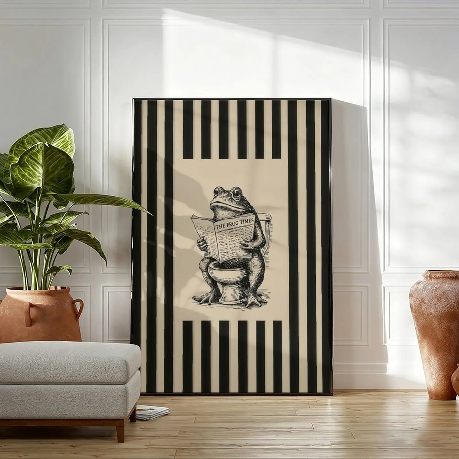 Funny Frog on Toilet Reading Newspaper Poster - Vintage Bathroom Wall Art, Humorous Washroom Decor, Quirky The Frog Times Print