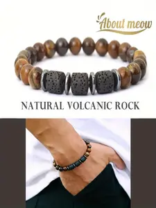 Men's Natural Tiger Eye & Volcanic Rock Beaded Bracelet, Healing Jewelry Gift for Him, Unique Design Pulseira Para Hombre