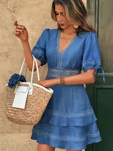 New Deep V Neck Woven Dress with Embroidered Hollow Out Lace Trim, Elegant Slim Fit Long Sleeve A-Line Dress for Women, Perfect for Parties and Events