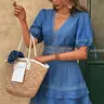 Women's New Deep V Neck Woven Elegant Fashion Dress with Embroidered Hollow Out Lace Trim, Elegant Slim Fit Long Sleeve A-Line Dress for Formal Parties and Events