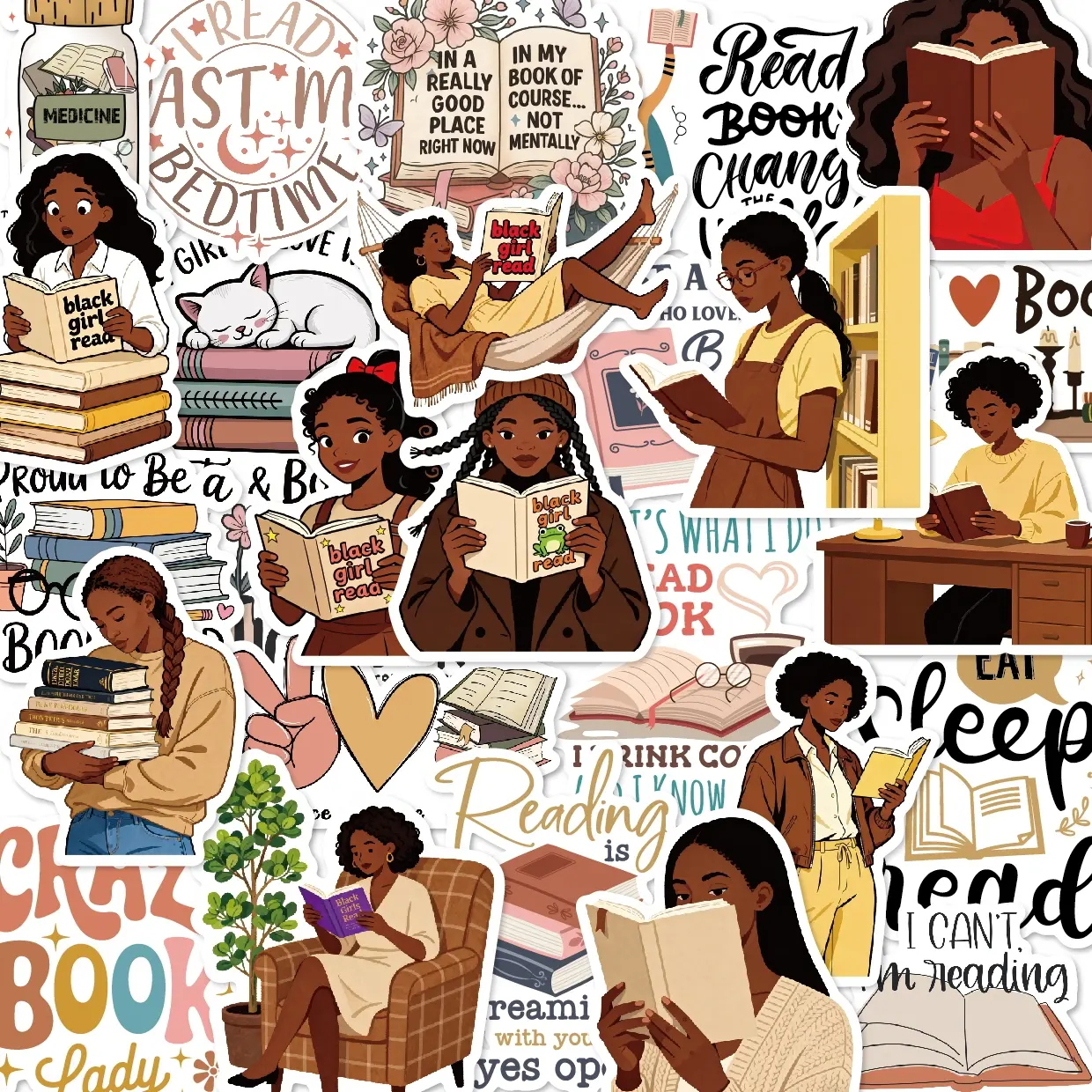 50PCS Black Girls Bookish Sticker Packs for Bookworm Reading Stickers Book Lover Scrapbooking Supplies Scrapbook Accessories Scrapbook Materials Junk Journal Decoration