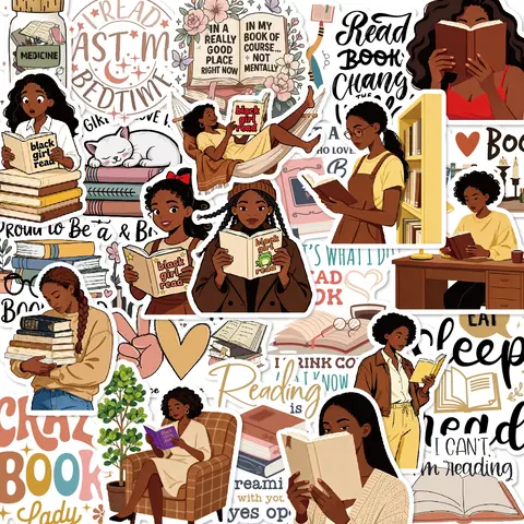 50PCS Black Girls Bookish Sticker Packs for Bookworm Reading Stickers Book Lover Scrapbooking Supplies Scrapbook Accessories Scrapbook Materials Junk Journal Decoration