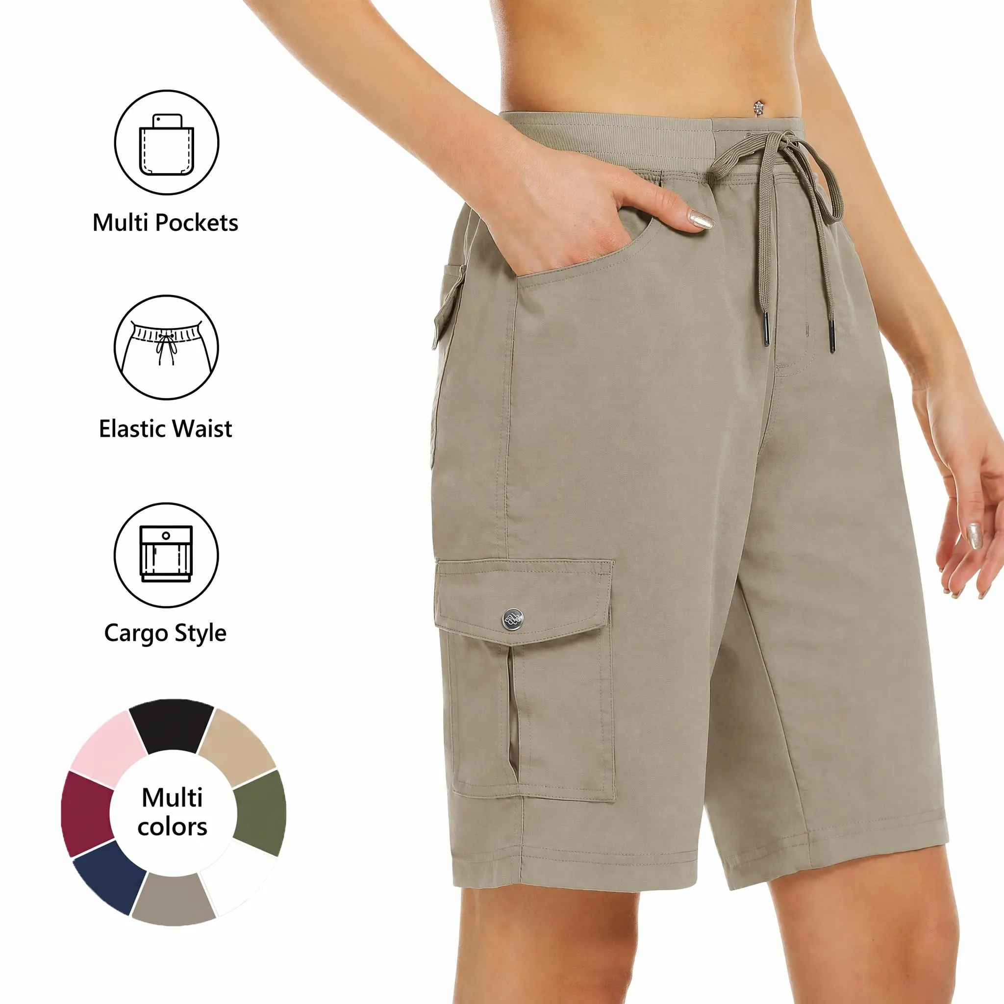 MoFiz Women's 10 Inch Hiking Cargo Shorts, 6 Pockets Lightweight Quick Dry Athletic Shorts for Outdoor, Running, Travel & Summer