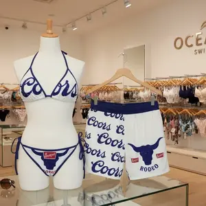 Coors Couples Swimsuit Set – Tie Side Thong Bikini & Men’s Beach Shorts, Hawaiian Style Summer Vacation Outfit, Matching His & Hers Aloha Swimwear