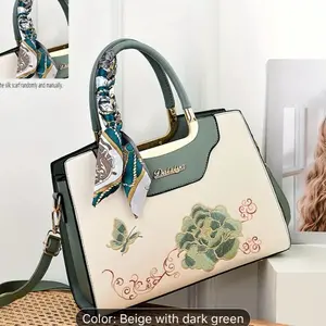 Daisya Women's Handbags Beige with Dark Green Color Embroidered Design & Matching Scarf Included