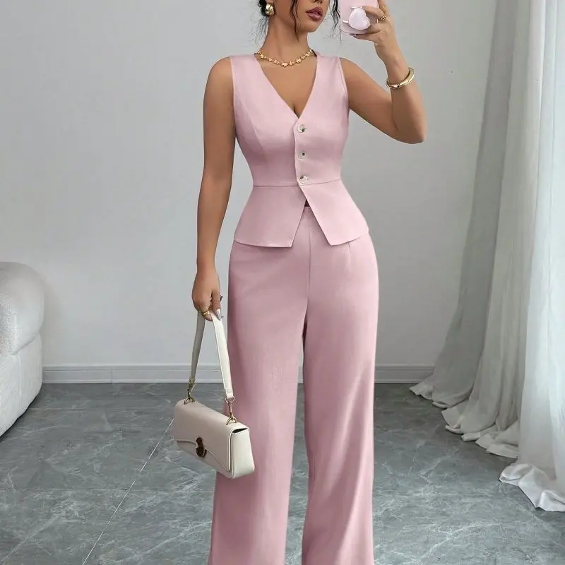 Women's 2-Piece Sleeveless Slim V-Neck Summer Clothes Set, Slim-Fit Women's Suit for Casual Wear