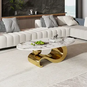 51" Oval Coffee Table with Glossy Sintered Stone Table top, Modern Coffee Table with Gold Stainless Steel Furniture Living Room