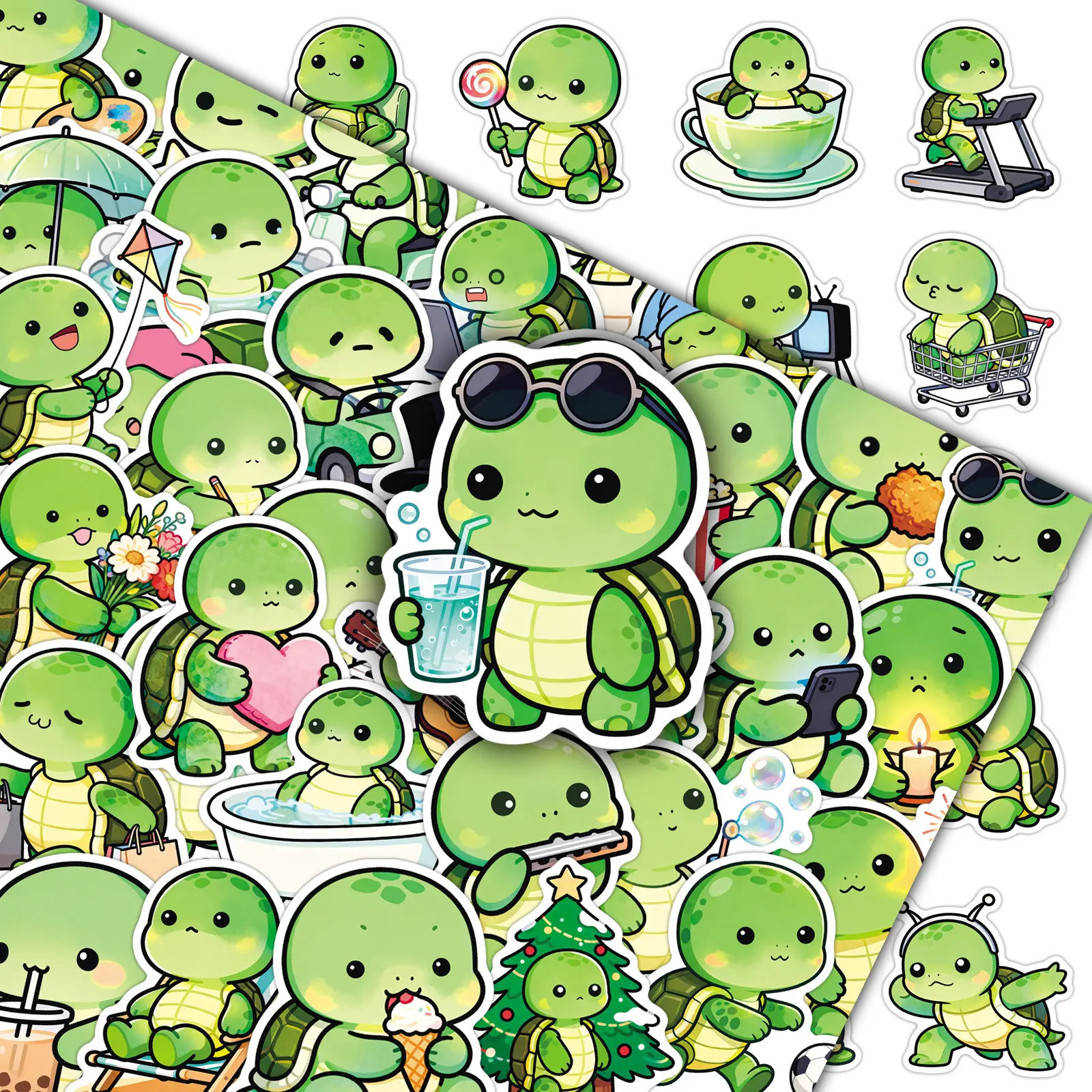 100-Piece Cartoon Sticker Set with Adorable Round-Eyed Turtles and Cute Animals for Journal & Phone Decoration (2 Repeating Designs) DIY Sticker