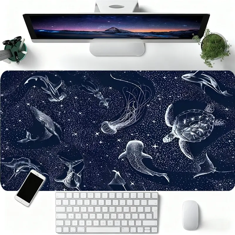 Starry Ocean Creatures Desk Mat, Desktop Accessories, Desk Accessory, Gaming Mouse Pad Monochrome Sea Turtle & Jellyfish Pattern Extended for Laptop & Desk with Non-Slip Rubber Base Stitched Edges Gift for PC Gamers, Home Use