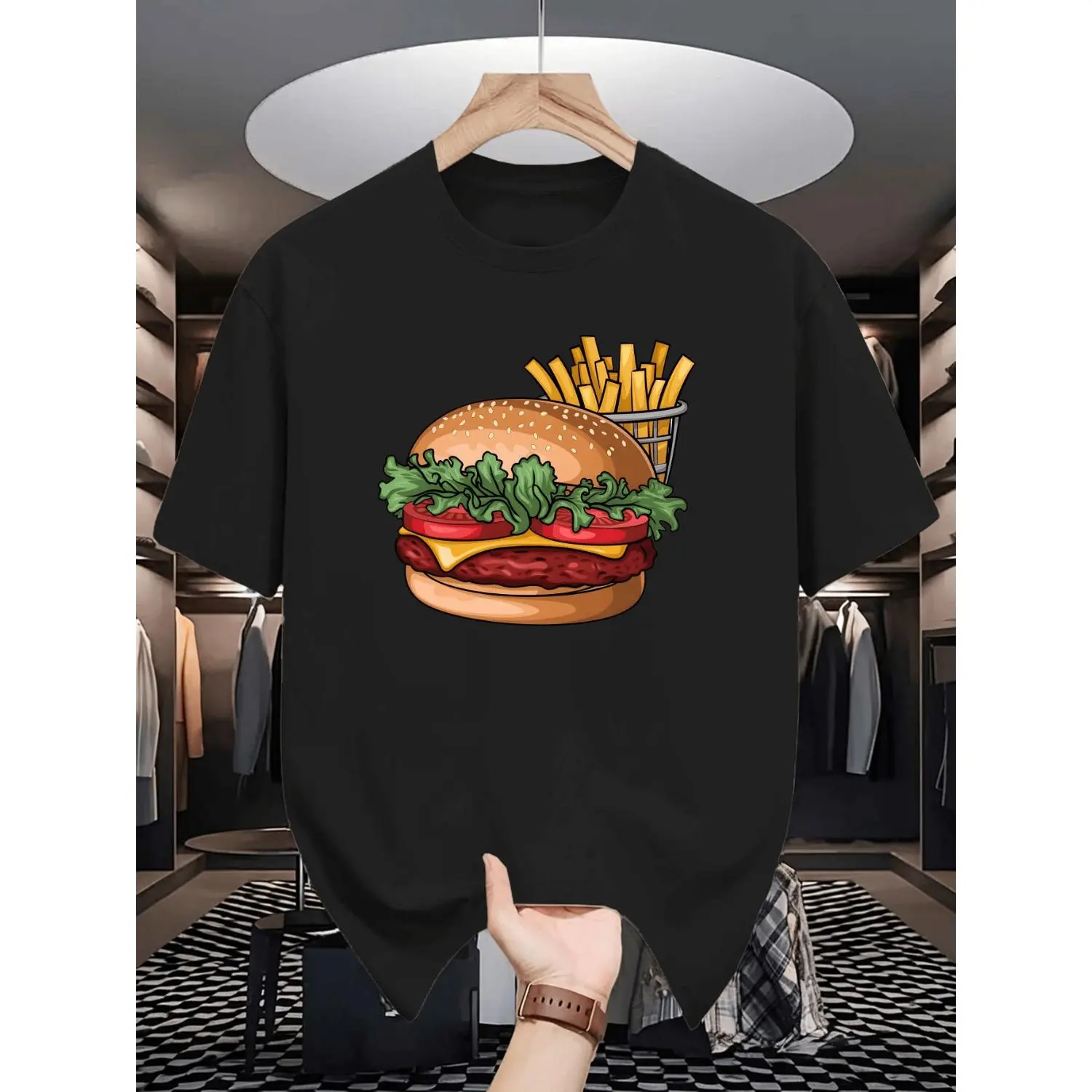Casual Summer Graphic Tee Featuring Burger and French Fry Prints with Short Sleeves and Round Neck Perfect for Men and Teen Outings