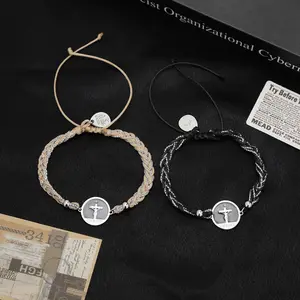 2PCS Adjustable Rope Cross Bracelet Braided ChristianBracelet for Men Women Fashion Jesus Bracelets ChristianBaptism Gift