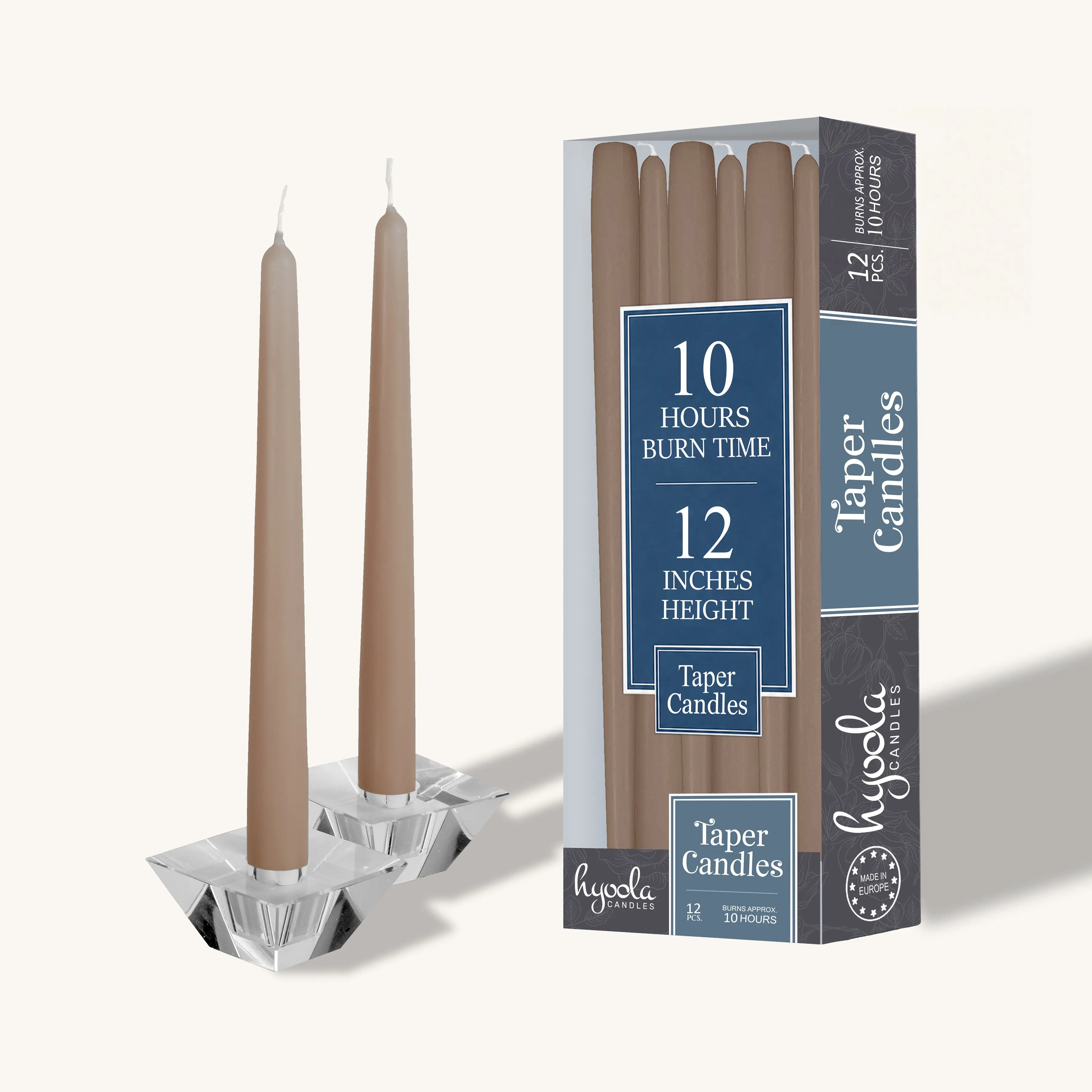Taupe Taper Candles - 12-Inch, 12-Pack, Paraffin Wax, Unscented, Dripless, Smokeless for Intimate Evenings & Upscale Dinners, Refined Look Home Decor Candle