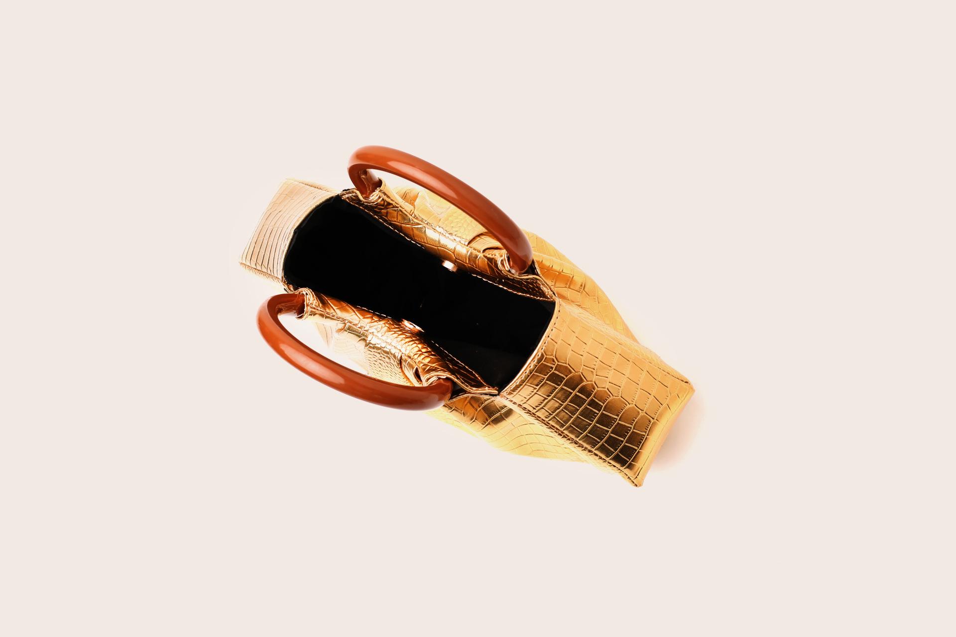 Women's Mini Ruched Evening Tote Bag, Faux Leather/Metallic Crocodile Print Handbag with Wooden/Leather Handle, Multiple Colors Shoulder Clutch