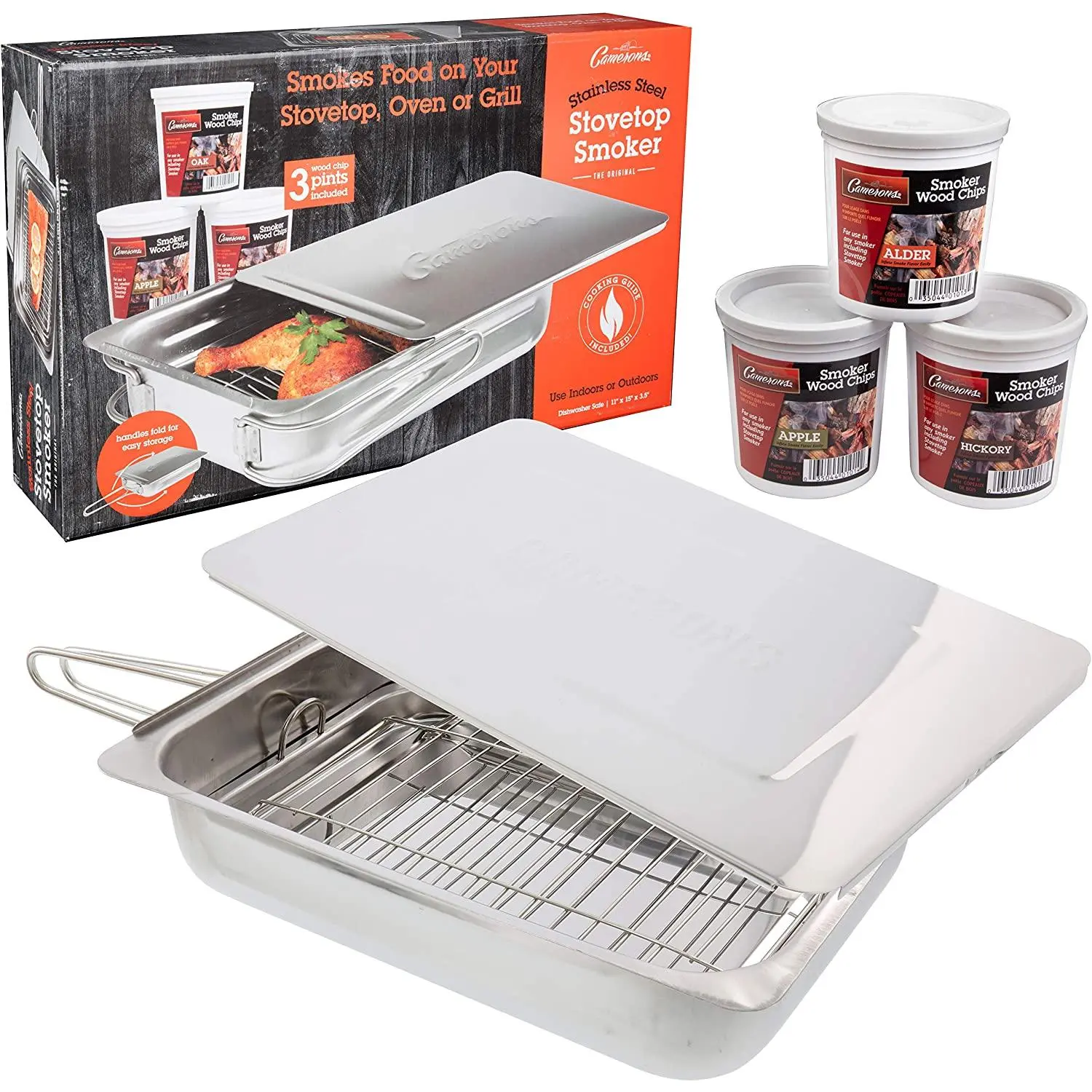 Camerons Stovetop Smoker - 11”x15”x3.5” Value Pack Stainless Steel Smoking Box w 3 Pints of Wood Chips - Works on Any Heat Source, Indoor or Outdoor