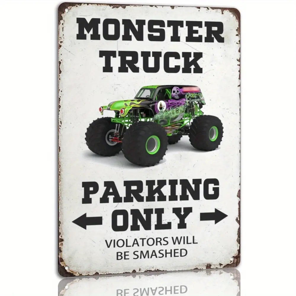 Monster Truck Parking Only Decorative Sign - 8x12 Inch Fadesafe Graphics Garage-Ready Rustic Metal Tin Sign, Retro Tin Look Adds Instant Character, Home Decor Gift for Birthday Parties, Cool Decor, Home Decor Accessories