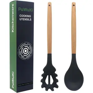 Silicone Pasta Fork and Silicone Cooking Spoon Set, Large Non Stick Kitchen Utensils for Cooking, Stirring, Serving Spaghetti, Soup, Sauce