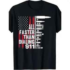 Men's "Faster Than Calling 911" Patriotic American Flag Graphic T-Shirt - 100% Cotton Crew Neck Short Sleeve Tee with Bullet Caliber Design, Regular Fit Casual Summer Shirt for Vacation & Casual Attire