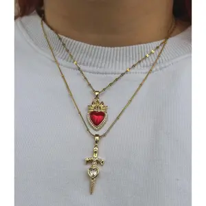 Women's Gold Layered Sacred  Necklace - 2-Layer Multi-Strand Satellite Bead Chain Choker, Hypoallergenic Ruby Red Crystal Flaming  Dagger Sword Pendant Gothic Jewelry Gift Heart