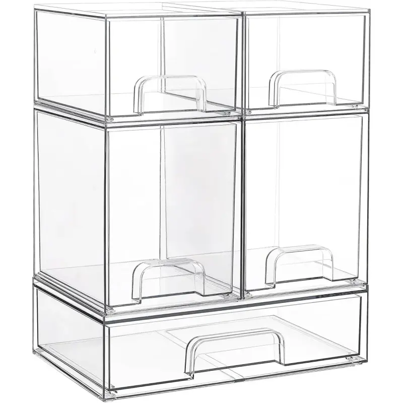 Stackable Storage Drawers Set of 5, Clear Plastic Organizer Bins for Bottle, Beauty Supplies Storage, Ideal for Kichen Countertop, Vanity, Bathroom, Cabinet, Pantry Organization