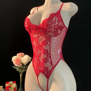 AESKEIA Elegant Red Lace Jumpsuit for Women Floral Backless Underwire Bodysuit with Underwire Support V Neck for Special Occasions and Lounging Womenswear