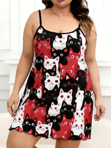 Cute Colorblock Cat Print Plus Size Women's Sleeveless Sleepwear Loungewear, Flounce Hem Comfortable Loose Home Short Dress, Casual Style