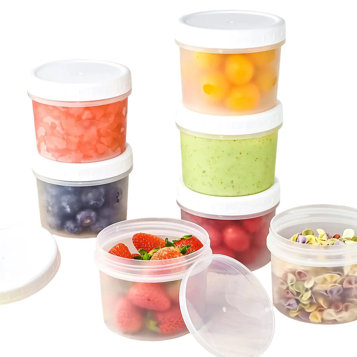 Reusable Plastic Containers Set, 5 Pots + 5 Lids, Round Storage Bins, Meal Prep Containers, Plastic Canisters, Food Storage Kit, for Food Pantry, Spices, Dried Goods, Candy, Cookies, Peanut Butter