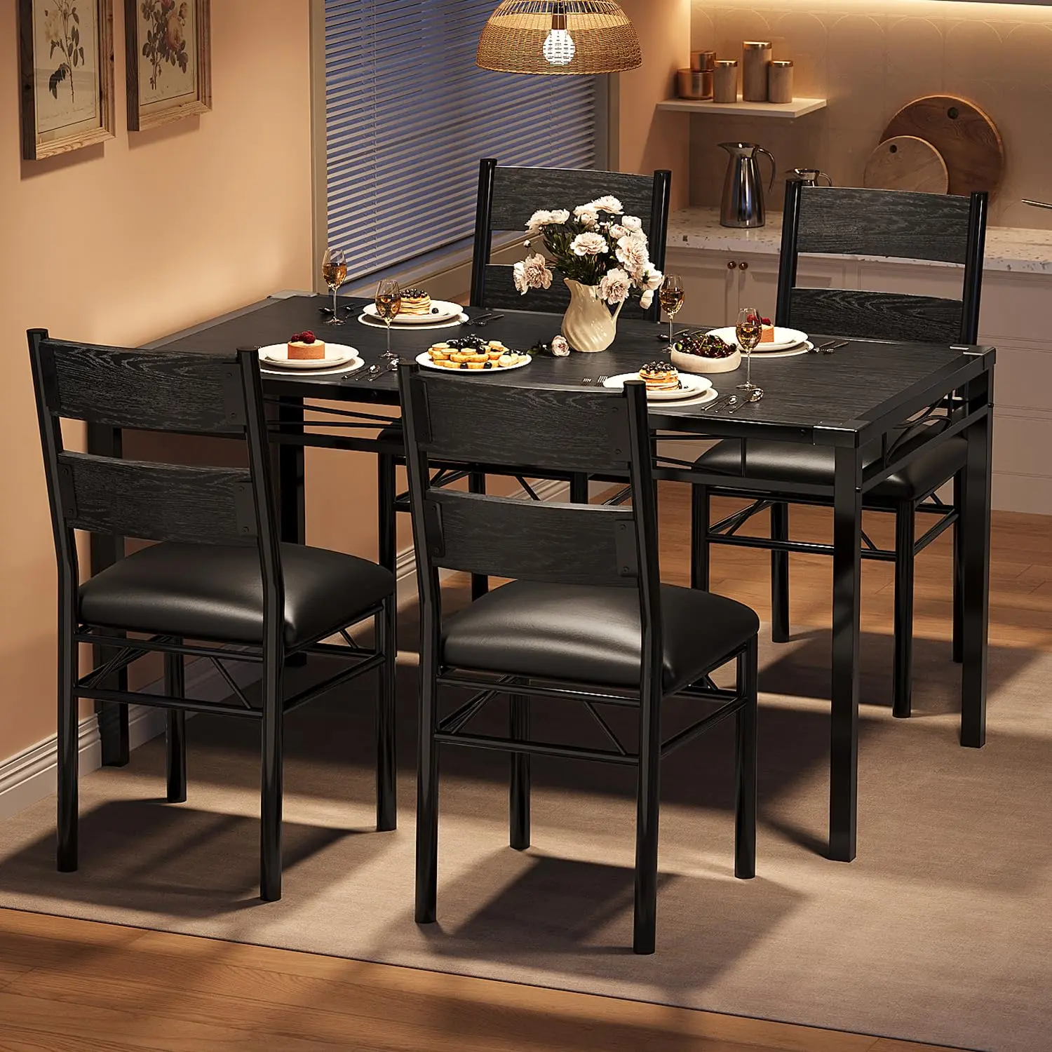 Garvee Dining Table Set for 4 with Corner Protector, Dining Room Table Set for 4 with Upholstered Chairs , Wood Kitchen Table Chairs Set of 4, for Kitchen, Apartment, Retro Black