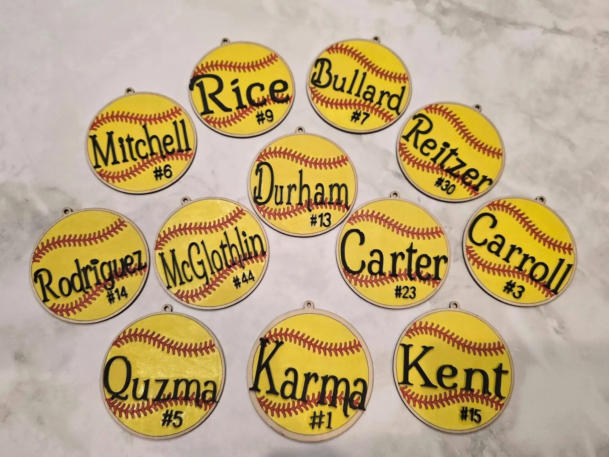 Personalized Softball Ornaments - Custom Name & Number Yellow Baseball Design for Sports Fans