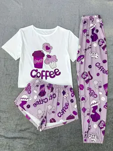 Plus Size Coffee Print Tee & Pants & Shorts Pyjama Set, Casual Comfy Round Neck Short Sleeve T-shirt & Trousers & Shorts PJ Set, Women's Sleepwear & for All Seasons, Pajama Set, Matching Pj Set, Loungewear Pjs