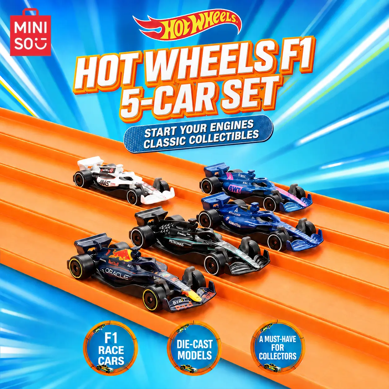 MINISO x Hot Wheels Formula 1 5-Pack Die-Cast Race Cars - Collectible Toy Car Set for Kids & Racing Enthusiasts, Gift Option, Back To School