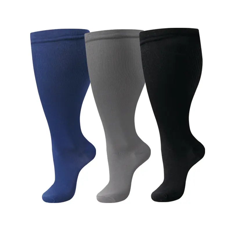 3 Pairs Plus Size Compression Socks for Wide Calves, Classic Solid Lightweight Fabric Stockings for Women & Men, Breathable Leg Support for Nursing, Office & Casual Wear