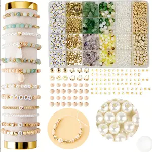 1200pc Stone Bead Jewelry Making Kit, DIY Mixed Beads, Includes Letter Beads, Colorful Stones, Pearl, Geometric Accessories, Ideal for Bracelets, Keychains, Gifts