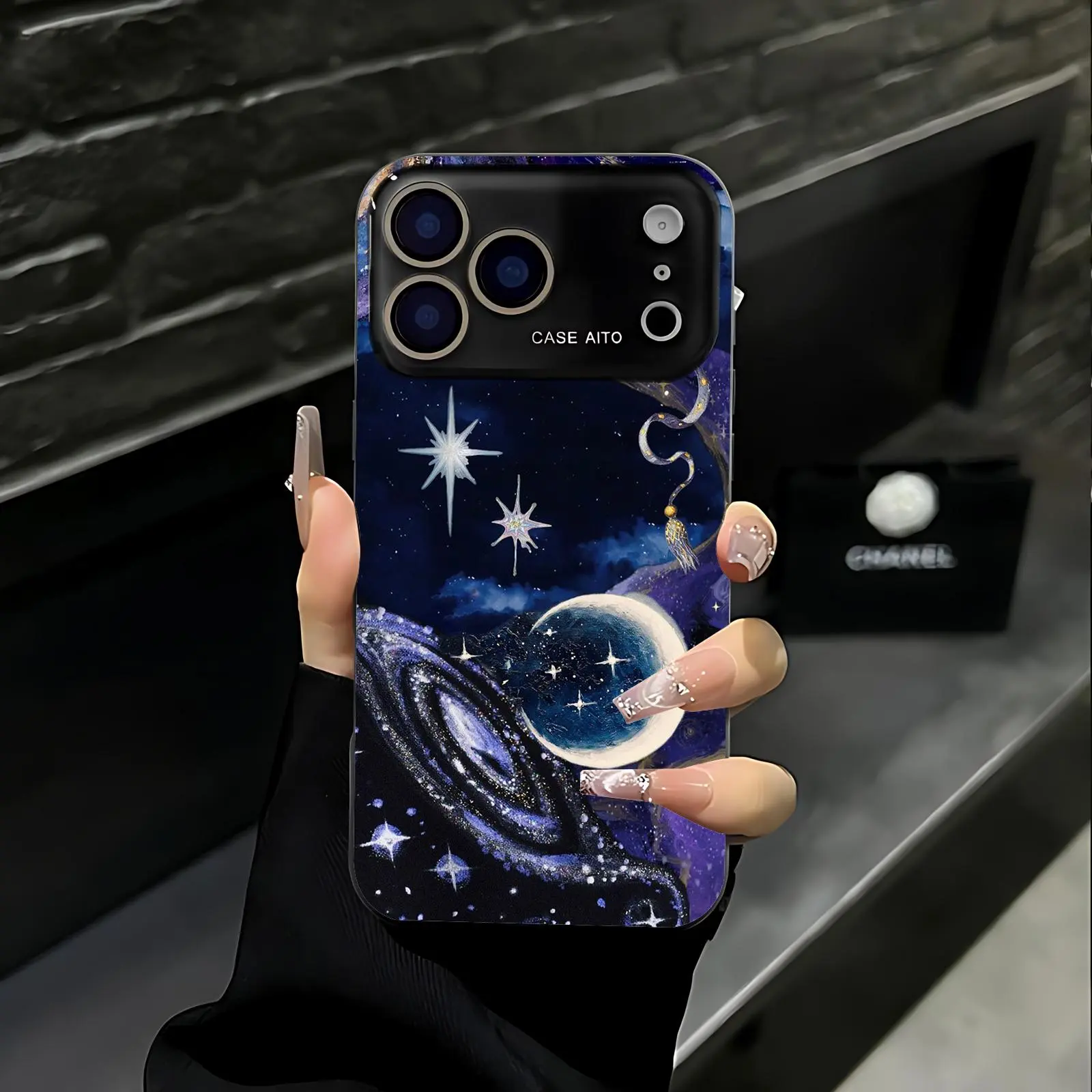 Galaxy Moon Print Phone Case. Suitable for iPhone 17 Pro Max, 16 Pro Max, 15 Pro Max, and 14 Pro Max. Full lens protection. Also compatible with iPhone 15, 14, 13, and 12. Made of skin-friendly TPU material.
