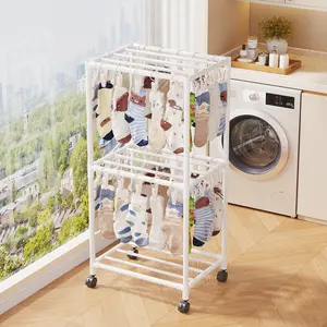 Multifunctional Balcony Floor Standing Clothes Rack, Dual Layer Sock Drying Rack, Mobile with Wheels, for Towels, Socks, Underwear