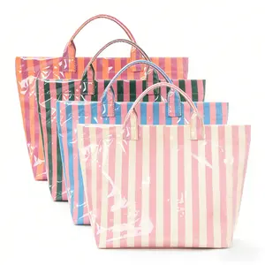 2026 Striped Tote Bag for Women, Extra Large Capacity with Waterproof PVC Exterior, Lightweight & Durable for Work, Travel, or Beach Days