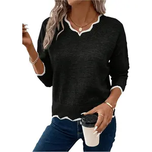 Women's 2024 Fall Sweaters Long Sleeve Lettuce Trim Lightweight Ribbed Knit Casual Pullover Sweater Tops