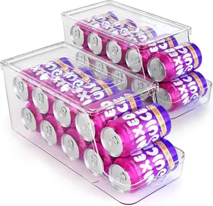 Soda Can Dispenser for Refrigerator with Lids, Stackable Drink Organizer for Fridge, Clear Plastic Refrigerator Organizer Bins, Beverage Can Holders for Pantry, Freezer, Kitchen, Cabinets Set of 2