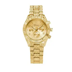 Geneva Crystal Quartz Analog Sport Watch Vintage Gold Retro Design with Stainless Steel Strap & Calendar Function for Women 22CM Strap Length 38MM Dial Diameter