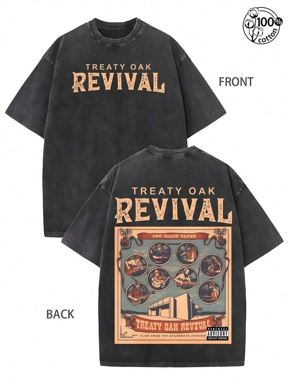 Treaty Oak Revival “The Talco Tapes” Graphic T-Shirt – Retro Washed Cotton Tee, Concert Collage Print, Oversized Streetwear Short Sleeve Unisex Gift ZQY