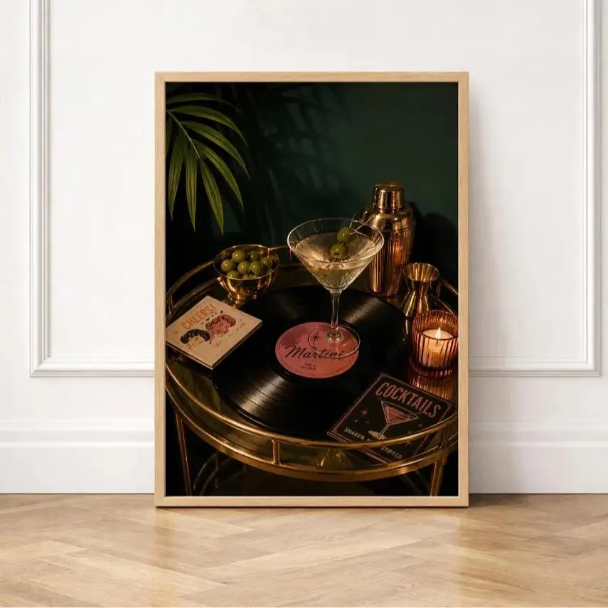 Vintage Martini and Vinyl Paper Wall Art Poster - Retro Cocktail Lounge Print, Emerald Gold Decor, Colorful Style Home Supplies, Durable Decoration for Home Inspo, Living Space, Artistic, Kid Room