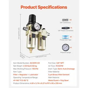 VEVOR Air Compressor Filter Regulator Lubricator (FRL), 3/8 NPT Air Compressor Water Separator, Semi-Auto Drain Air-Drying System with 5m Brass Filter Element, 145PSI Max Working Pressure, Poly Bowl