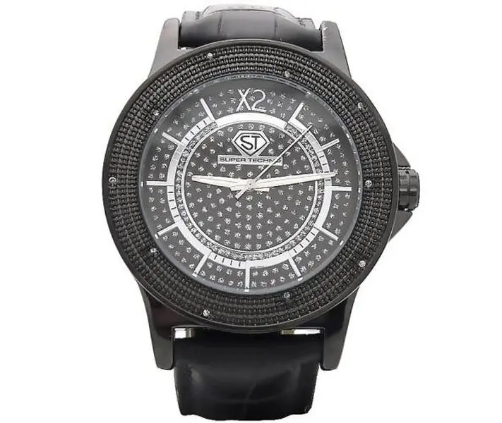 Men's Hip Hop Jewelry Watch, .10ct Genuine Diamonds, Black Leather Quartz Watch with Sapphire Crystal, Includes 2 Extra Bands, Leather Watch
