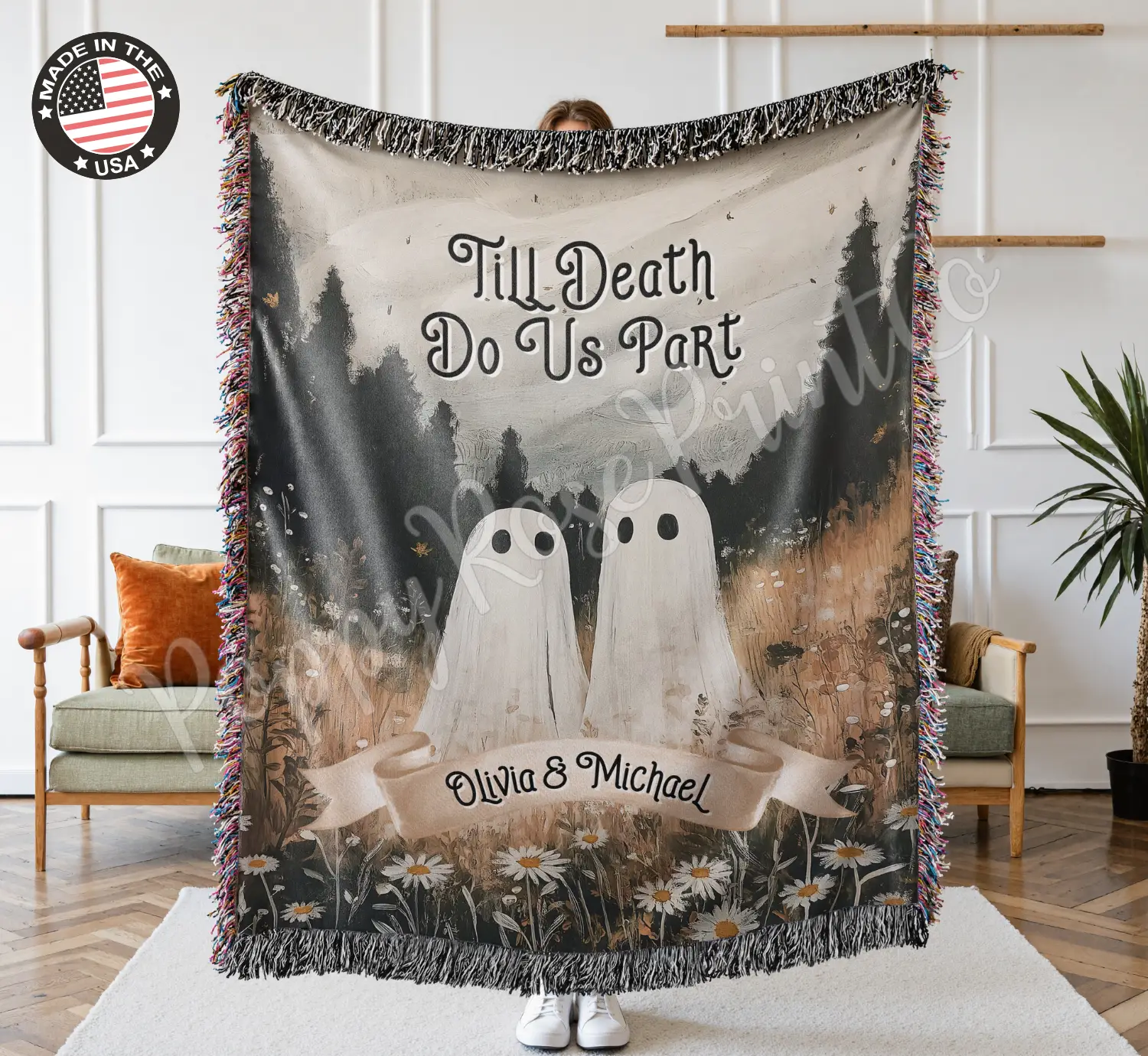 Till Death Do Us Part Woven Blanket 100% Cotton Halloween Design Personalized Gift for Couples Made in USA