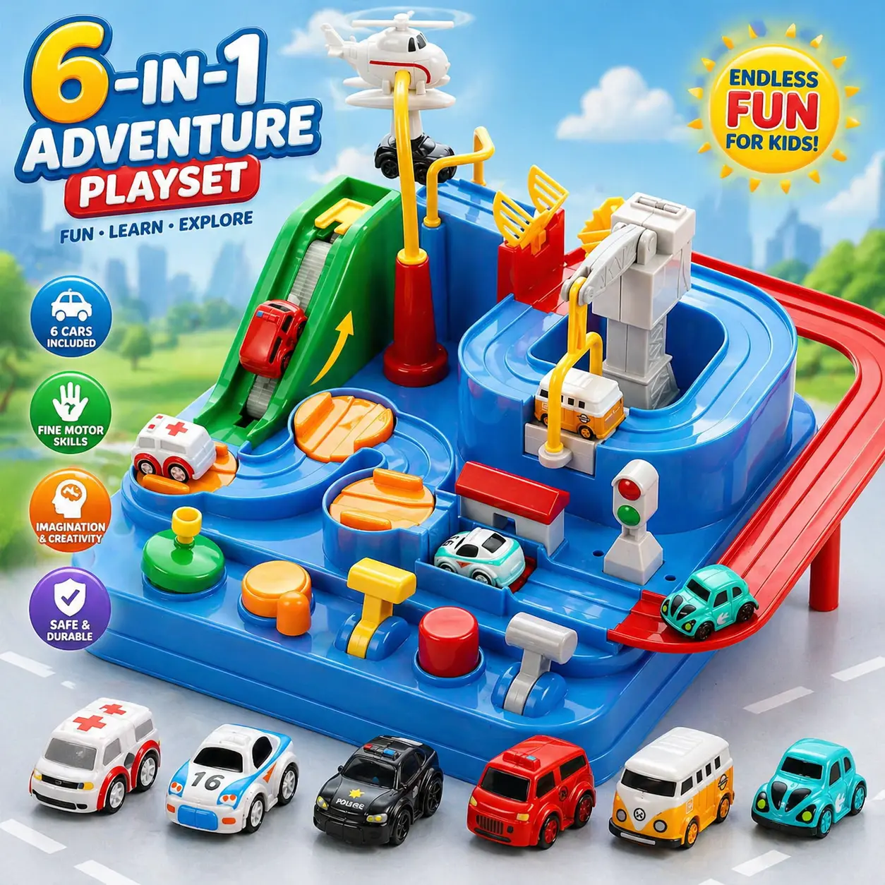 Car Adventure Track Toy with 6 Mini Cars, Manual Parking Garage Race Track Game, 8-Level City Rescue Track Set, Montessori Busy Board Toy for Toddlers Kids